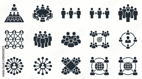 Business icons showing team groups, organizational hierarchy and global networking, concept for management structure, collaborative projects and corporate strategic planning