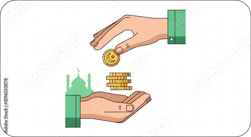 Hands exchanging coins and gold bars with mosque background symbolizing charity and donation
