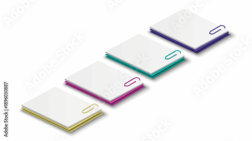 Four isometric blank paper stacks secured with vibrant colored paper clips and sheets on a white background, concept for business presentations, checklist development and infographic design