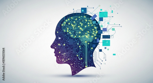 Digital human head with circuit board and microchip brain symbolizing artificial intelligence and technology