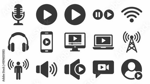 Collection of flat multimedia vector icons including microphone, play buttons, speaker, headphones, WiFi and streaming devices, concept for web design, application interface and online podcasting