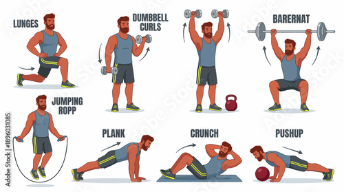 Strong bearded man demonstrating seven fitness exercises like lunges, curls and pushup routines in detailed vector graphics, concept for training applications, gym posters and health guides