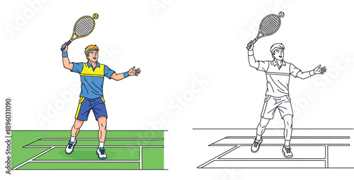 Vector illustration of young male tennis player hitting ball in color and black and white outline style for coloring book page; athlete holding racket on court during match