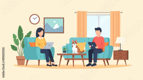 Two people and a dog relaxing in a living room with laptops
