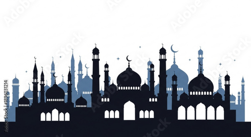 Islamic architecture silhouette mosque skyline with domes and minarets crescent moons