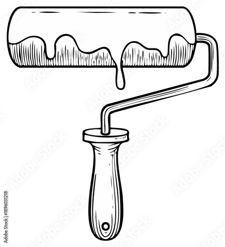 Ink illustration of paint roller with dripping paint for renovation and home improvement themes.