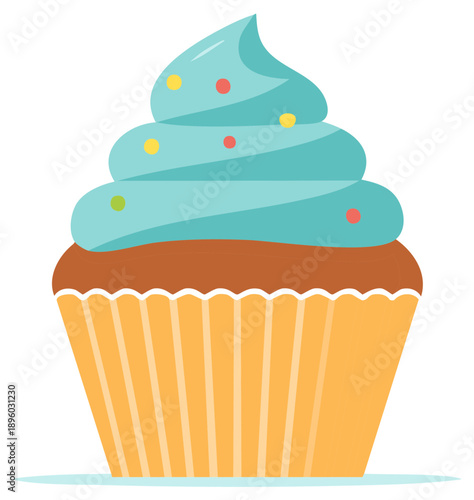 Sweet cupcake topped with a swirl of blue frosting and colorful sprinkles, set in a striped yellow wrapper