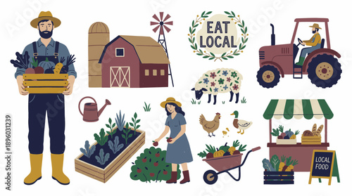 Vector farm and local food set featuring farmers, barn, tractor, market stand and fresh produce, concept for sustainable agriculture promotion, local food business marketing and farm-to-table design