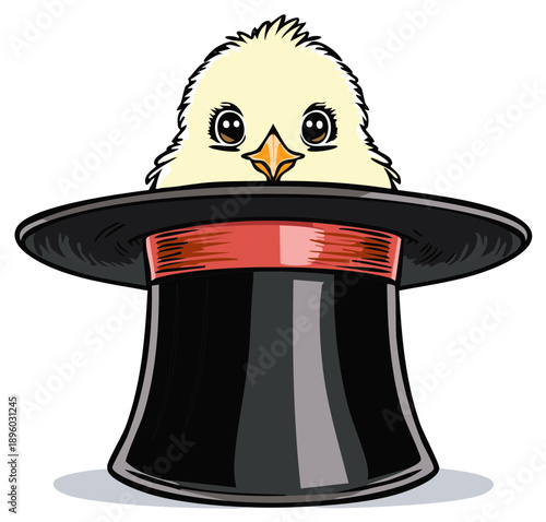 Cartoon chick emerging from a black top hat, illustration