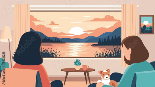 Two people and a dog relaxing indoors, watching a scenic sunset over a lake