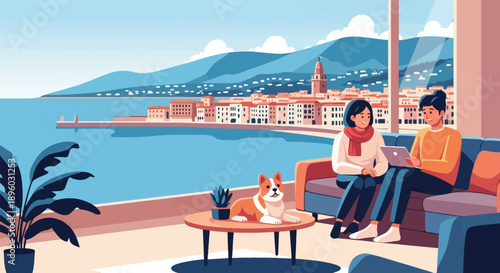 Two people and dog relax on sofa with scenic coastal town view