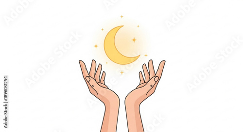 A pair of hands reaching for a glowing crescent moon with stars on a white background symbolizing dreams and spirituality