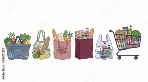 Illustration of grocery containers including shopping basket, eco reusable bags and cart loaded with food, concept for retail advertising, consumer habits and supermarket promotions