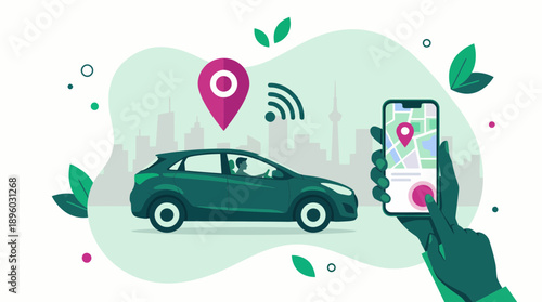 Graphic illustration of a hand using a mobile app to track a car with GPS signal over a city skyline, concept for navigation service, ride sharing apps and smart transport