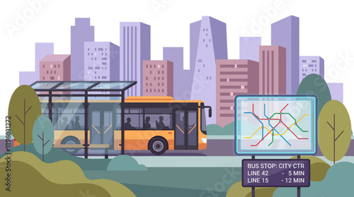 Yellow transit bus at a glass stop shelter showing route map and wait times with a background of urban buildings, concept for city planning, urban commuting and travel navigation