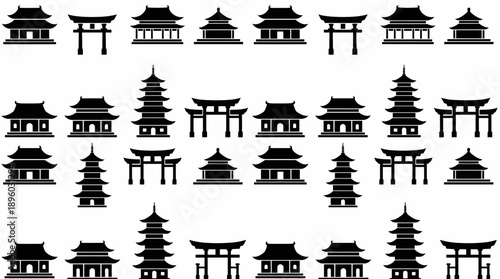 Black seamless vector pattern of East Asian architecture icons: pagodas, temples and Torii gates on white, concept for tourism design, historical presentations and cultural web backgrounds