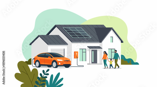 Family approaching modern home with rooftop solar panels and electric vehicle charging, concept for sustainable energy, residential technology and future innovation