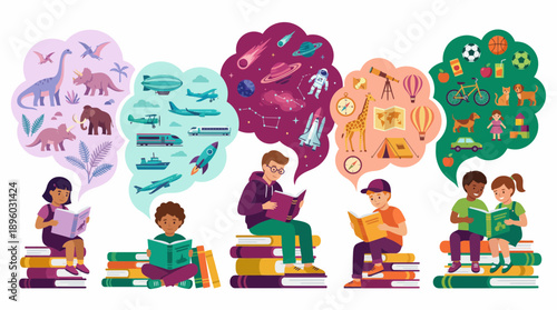 Diverse kids read books on stacks, sparking bubbles showing science, travel, history and hobbies, concept for learning advertisements, school syllabus and educational platform branding