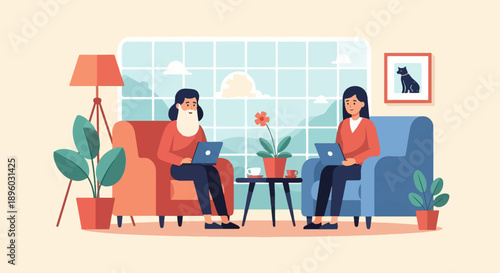 Two people sitting in armchairs with laptops, a lamp, plants, and a cat painting