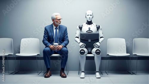 Elderly businessman in blue suit holding coffee sits beside humanoid robot with briefcase in minimalist waiting room, highlighting contrast between human worker and artificial intelligence