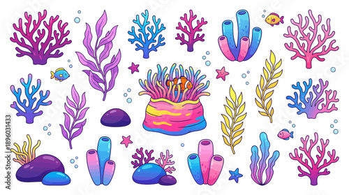 Colorful vector set of vibrant deep-sea corals, seaweed, fish, starfish and a clownfish nestled in an anemone, concept for children's books, educational apps and aquatic branding