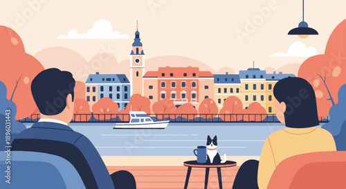 Two people and a cat enjoy a city view by the water in autumn
