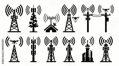 Vector set of various radio signal transmission tower icons with antennas and wireless waves, concept for network infrastructure, telecommunications services and technical documentation