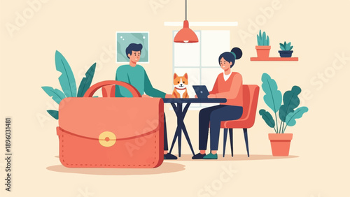 Two people and a dog sit at a table with a briefcase nearby