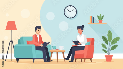 Two people sitting in chairs in a room reading books and talking