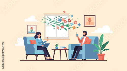 Two people sitting in chairs by a window with flowers