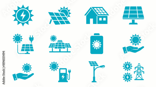 Teal solar energy icons showing panels, battery, house roof and power grid infrastructure, concept for clean technology, renewable resource presentations and environmental awareness