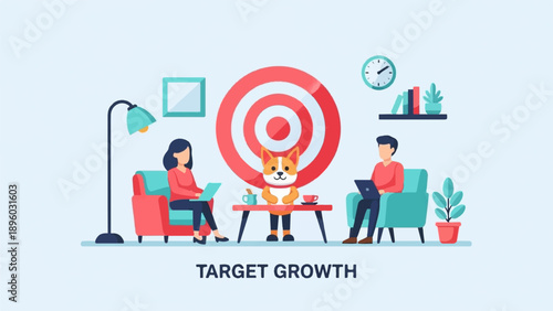 Two people and a dog sit in a room with a target symbol