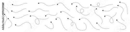Hand drawn curve dotted line arrow set. Sketchy directional pointer symbols. Creative dashed line vector arrows.
