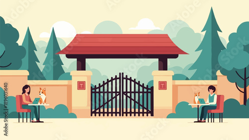 Two people and dogs relax at tables outside a gate in a park