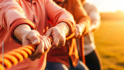 Close-up of diverse people in a brown blazer and orange shirt pulling a thick manila rope during a tug of war in warm golden sunlight, symbolizing teamwork and collective effort