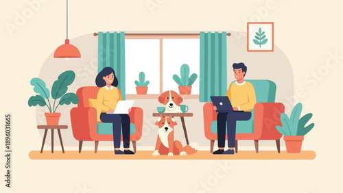 Two people and dogs relaxing indoors, working on laptops