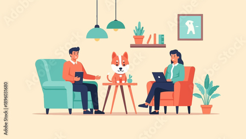 Two people and a dog sit in comfortable chairs in a room