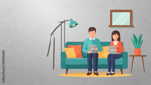 Two people sitting on a couch, each holding a tablet, with a floor lamp and plant