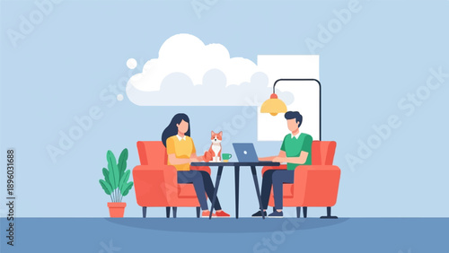 Two people and a dog sit in comfy chairs near a table, one with laptop