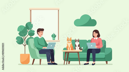 Two people and two dogs relax indoors on couches, each with a laptop