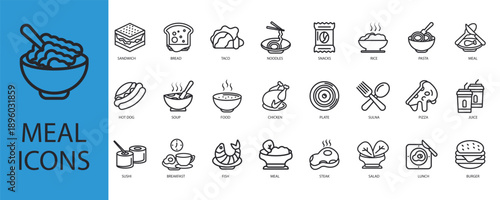 meal icons set outline and Flat Style,transparent background