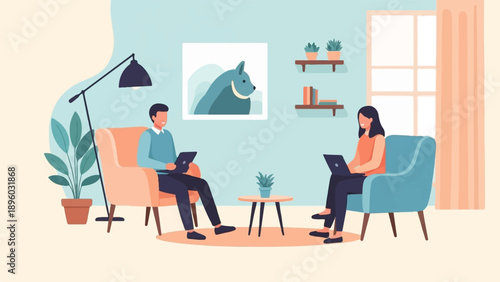 Two people sitting on chairs working on laptops in a room with plants and art