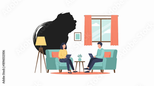 Two people sitting on sofas, each with a laptop, in a room