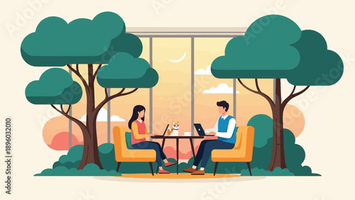 Two people and a dog work on laptops at a table with trees outside