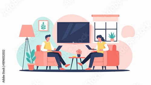 Two people sitting on sofas using laptops in a living room