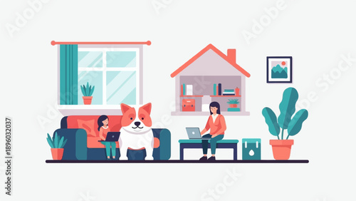 Two people and a dog work on laptops in a cozy, colorful home setting