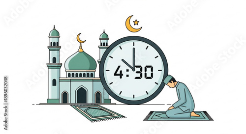 Man praying on mat at mosque before dawn fajr prayer at 4 30 am ramadan concept with clock and crescent moon