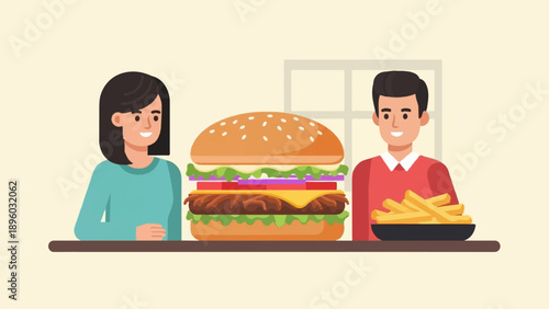 Two people smiling, a giant burger, and a plate of fries sit on a table