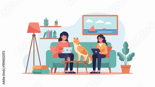 Two people and a dog work on laptops in a cozy living room (1)