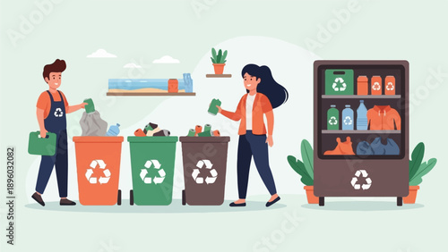 Two people sort recyclables into bins and organize items on shelves